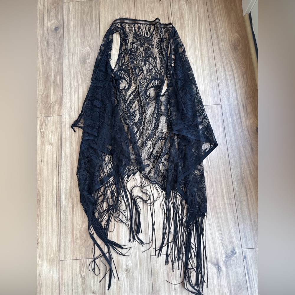Women OS Black Lace Fringe Kimono Cardigan Whimsigoth Boho Festival Sheer Duster